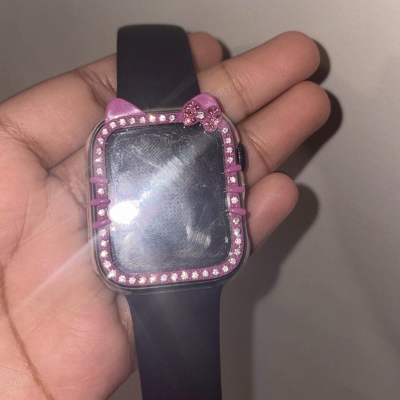 Apple Pink Rhinestone Cat-Ear Smartwatch Case with Black Band